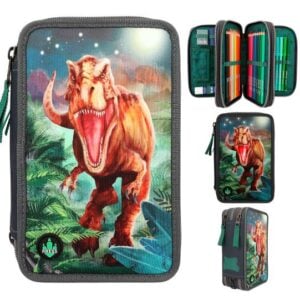 Dino World Triple Pencil Case LED Grey